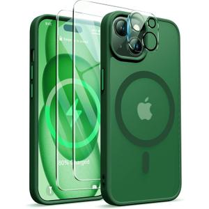 ORETECH Magnetic for iPhone 15 Case, [Compatible with MagSafe] [2 Pcs Screen Protectors] [15 FT Drop Protection] Frosted Translucent Back, Shockproof, Anti-Scratch - Green