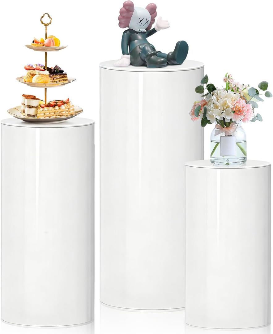 Cylinder Stands for Party, 3Pcs White Cylinder Pedestal Stand, Cilindros Para Fiestas Cake Table Stand Parties Round Cylinder Display Plant Stand for Wedding Birthday Decor 23.6''(L) 21.65"(M) 19.69"(S)