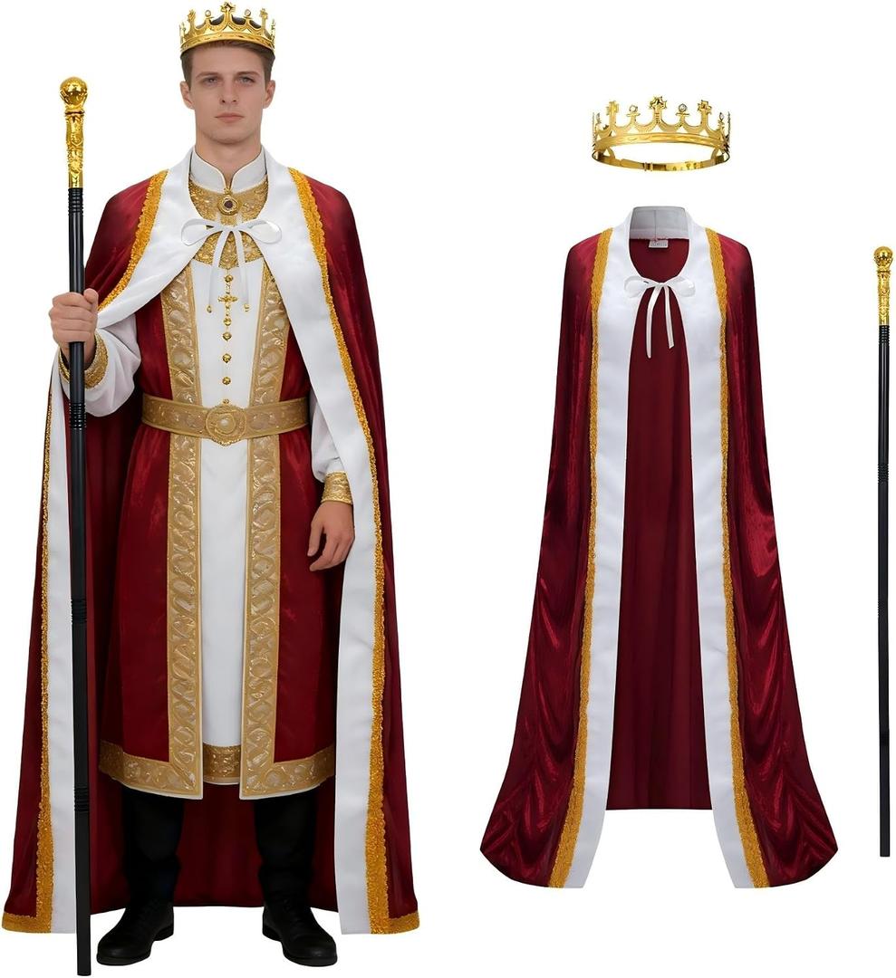King Costume for Men and Women, Queen Costume,Adult King Cape Robe Metal Crown Scepter, Lord Farquaad Costumes, M