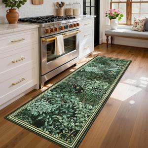 GarveeHome Forest Runner Rug, Dark Green Washable Runner Rug 2x6 for Kitchen, Botanical Low Pile Non Slip Stain Resistance Woodland Hallway Rug for Entryway Bedroom Laundry Room