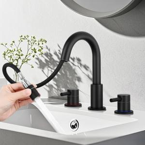 HGN Widespread Bathroom Faucet 3 Hole 8 inch Bathroom Sink Faucet with Pull Down Sprayer Pull Out Bathroom Faucet with Pop-Up Drain 2 Handle Black Bathroom Faucet