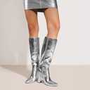 DREAM PAIRS Knee High Boots Women Chunky Heel Pointed Toe Tall Boots for Women Side Zipper Long Boots, Silver, Size 8