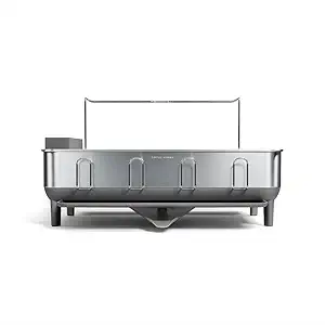 simplehuman Large Capacity Dish Drying Rack with Stainless Steel Frame, 360 Easy Drain Swivel Spout, Utensil & Wine Glass Holder, Anti-Residue Coating, Moisture Control Surface, Grey, Pre-owned, Missing Parts
