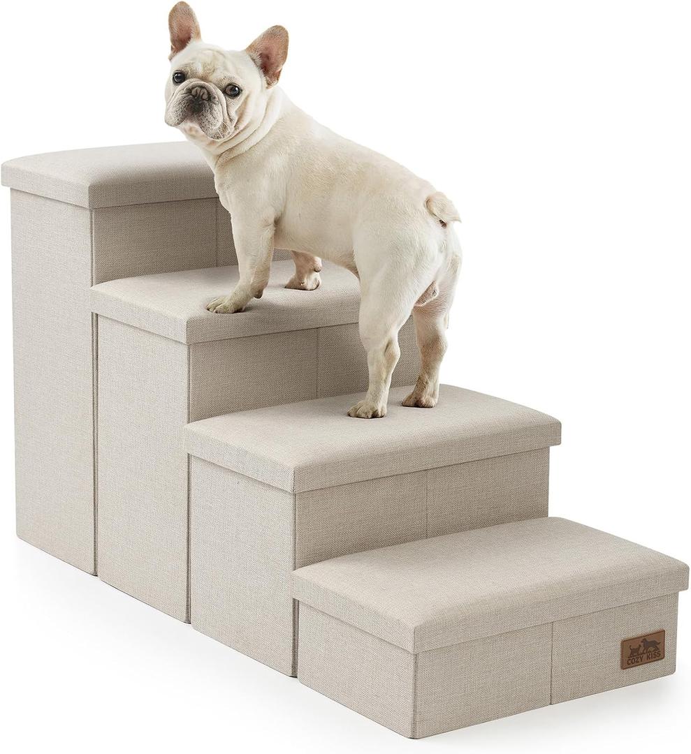 Dog Stairs with Storage, 4-Step Wider Sturdy Dog Steps for Small/Medium/Large Dogs and Older Cats, Folding Doggie Ramp for Bed/Couch/Car Hold Up to 180 lbs (22" H, Beige)