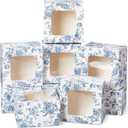 50 Pack Blue Floral Cookie Boxes with Window, Chinoiserie Small Bakery Treat Boxes for Pastry Donuts Macaroon Cupcakes, Wedding Bridal Shower Birthday Tea Party Baby Shower Favors, Flower