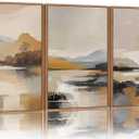 Tinonedraw Beige Mountain Landscape Framed Canvas Wall Art, Abstract Mid Century Modern Wall Decor, Golden Hour Lake Artwork, Neutral Nature Scenery Art Printing for Living Room Bedroom Office 16"x24"x3