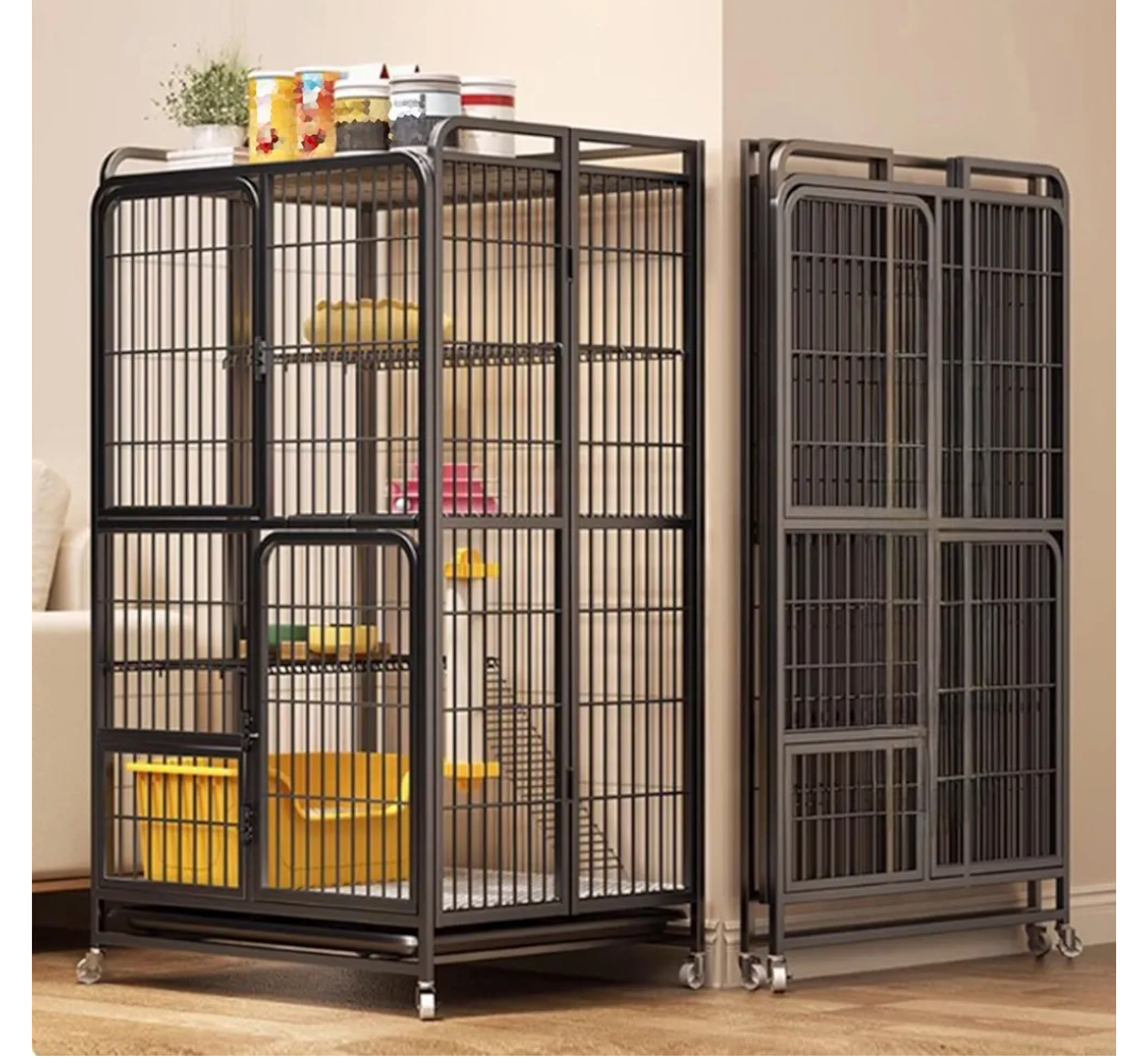 Multi-Tier Collapsible Cat Cage Crate, cat playpen for Indoor with 360° Wheels, Metal Wire Cat Kennel with Secure Lock, Large Ferret Playpen for Adult Cats Kitten Chinchilla (Black 4-Tier)