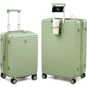 HanTrip 20"/28" Expandable Hard Case Luggage Sets 2 Piece, Bamboo Green