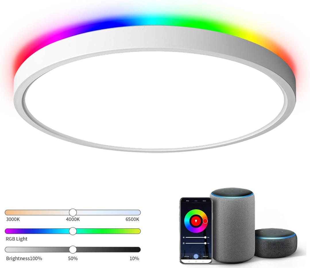 TALOYA 18 Inch Flush Mount Light Fixture Led,Compatible with Alexa Google Assistant Smart Life App,Sleek Round Ceiling Fixture,36+4W Main Light and RGB Night Light Adjustable,Enabled by 2.4G Wi-Fi (White)