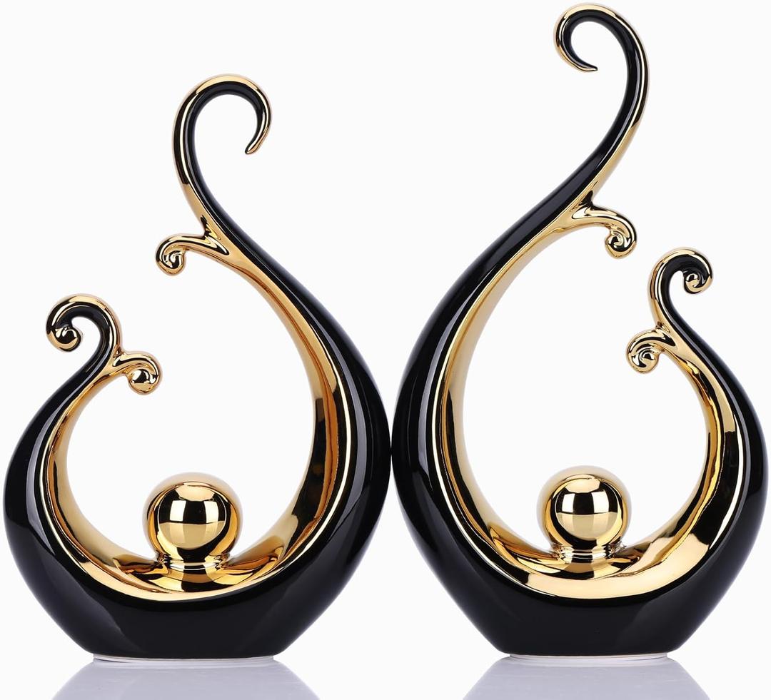 DOVDOV Abstract Ceramic Black Statue 2 Piece Set, Modern Art Black Gold Home Decor, Unique Home Decor, Coffee Table Bookshelf Room Shelf Coffee Table Console TV Stand Decor and Accessories.