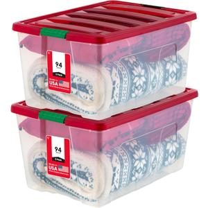 IRIS USA 94 Qt. Stackable Plastic Storage Bins with Lids, 2 Pack - BPA-Free, See-Through Organizing Solution, Latches, Durable Nestable Containers, Secure Pull Handle, Made in USA - Red