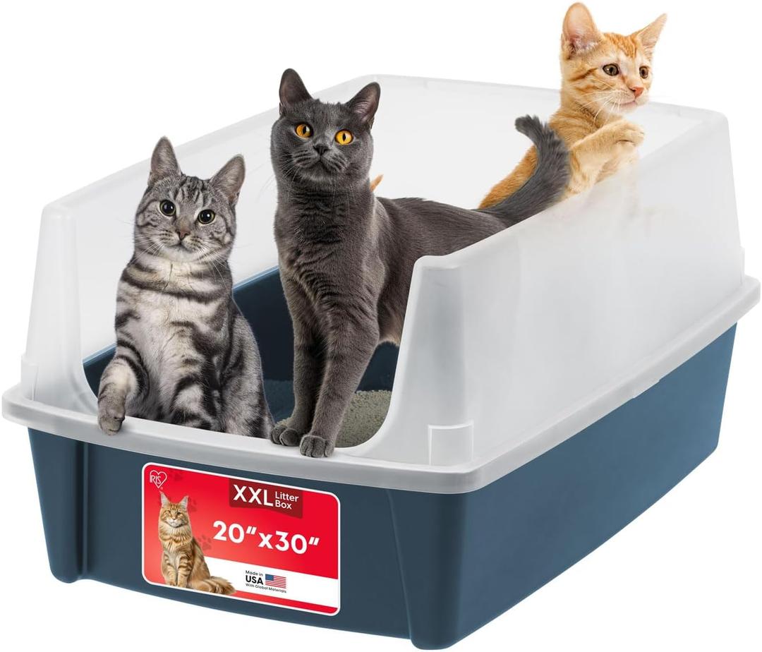IRIS USA Cat Litter Box XX-Large Open Top with High Sided Walls Tall Scatter Shield Scoop Included Easy Clean Plastic Pan for Big Cats Kittens Multi-Cat Households 30"L x 20"W x 14"H Navy