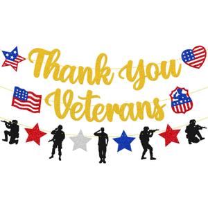 2 x Thank You Veterans Banner Happy Veterans Day Decorations America Patriotic Military Soldier Army Theme Dcor We Are So Proud of You Veterans Day Party Supplies Glitter Gold