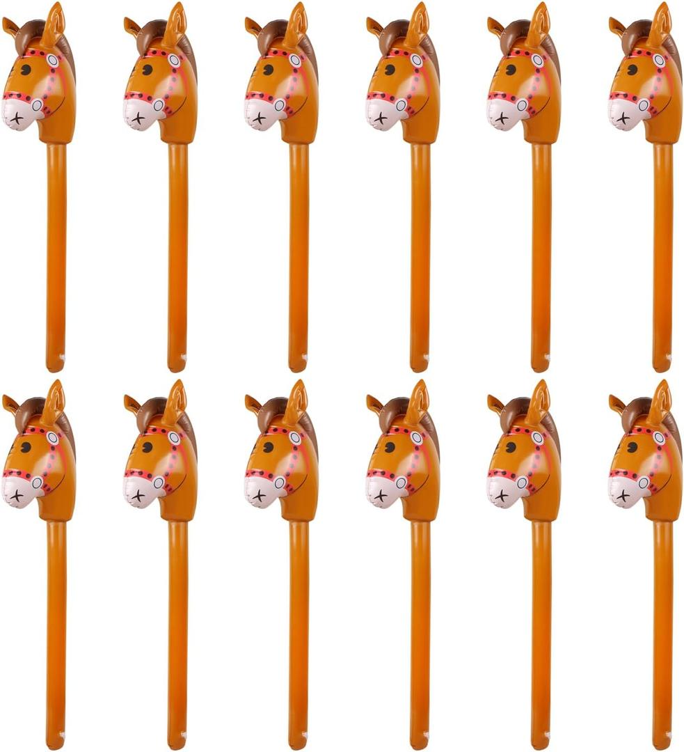 12PCS Inflatable Stick Horse,Blow Up Horse Head on Stick Pony Costume Western Cowboy Cowgirl Baby Shower Birthday Party Decorations Halloween Supplies Favors Props, 38 Inches (Brown)