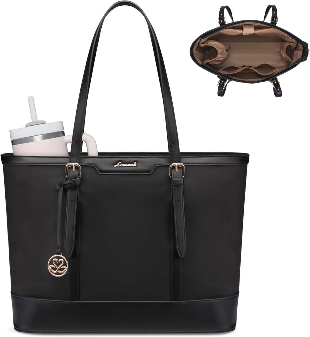 LOVEVOOK Work Tote Bag for Women 15.6 Inch Laptop Computer Bags with Cup Holder, Large Teacher Bag Briefcase for Business Office Travel Black, Nylon&PU