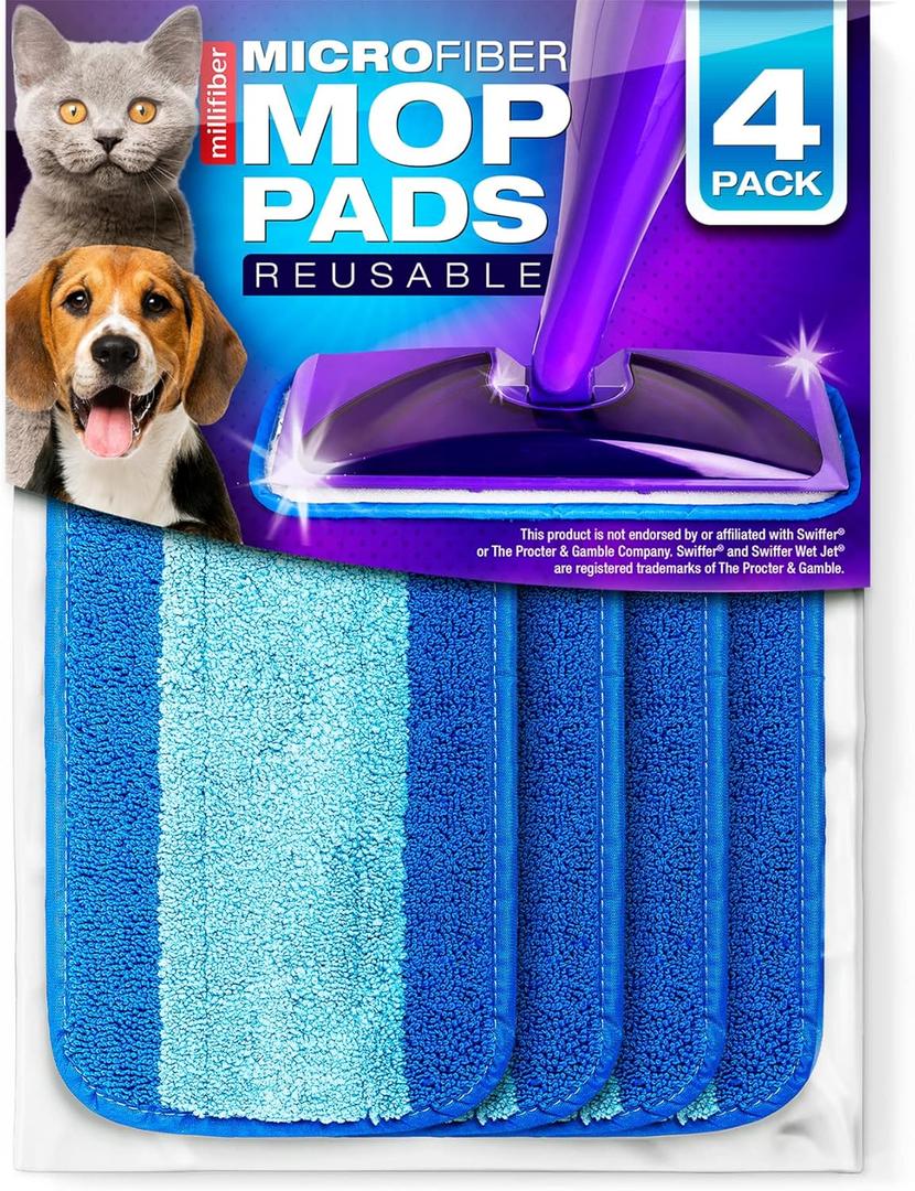 Reusable Mop Pads Compatible with Swiffer WetJet (4 Pack) - Microfiber Mop Refill for Wet Mopping Cloths - Hardwood Floor Cleaning Spray Pads are Reusable Replacements (Blue (Wet/Dry)