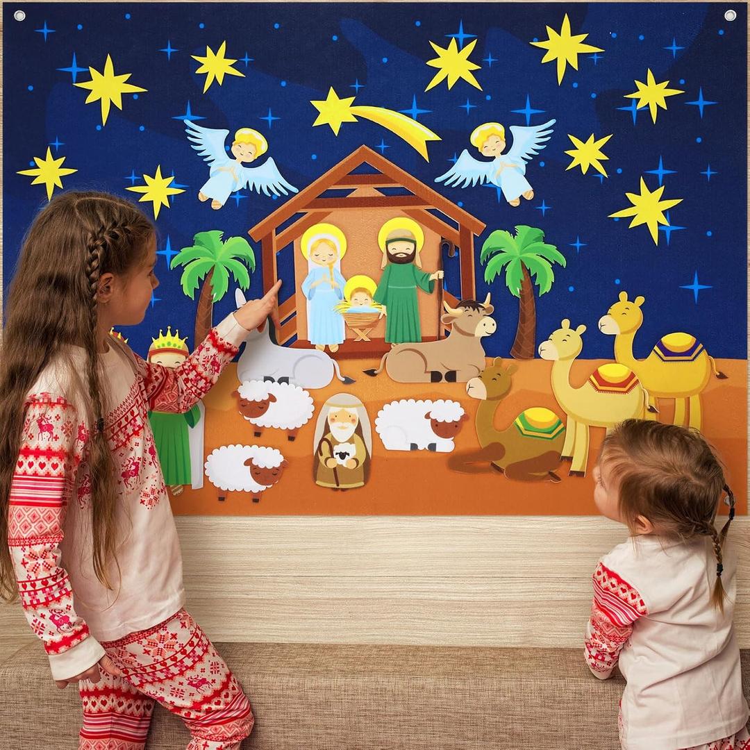 Batiyeer 31 Pcs Nativity Felt Set for Toddlers Kids Birth of Jesus Felt Figures Interactive Story Board Pieces Baptism Communion Church Faith Catholic Christian Activity Santa Xmas Christmas(Classic)