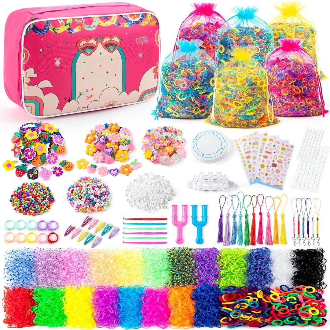 Sundaymot 18000+ Rubber Loom Bands Kit, Loom Bracelet Making Kit for Girl, with Canvas Bag, Charms Beads, DIY Art Craft Set, Rubber Band Bracelet Kit Creative Birthday Gifts for Girls and Boys, small
