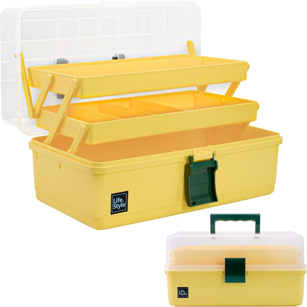 Creahaus 13 inch Art Craft Organizer Storage Box with 3 Layer, Multipurpose Plastic Tool Box with Handle for Sewing, Art Supply, Medicine, Nail, Hair Accessories (Yellow)
