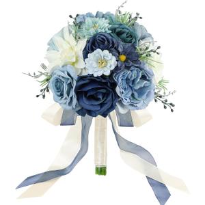 Wedding Bouquets for Bride Bridesmaid 8.5 Inch Dusty Blue Artificial Roses Flowers Bridal Bouquets for Bride Wedding Marriage Proposal Party Church Decoration