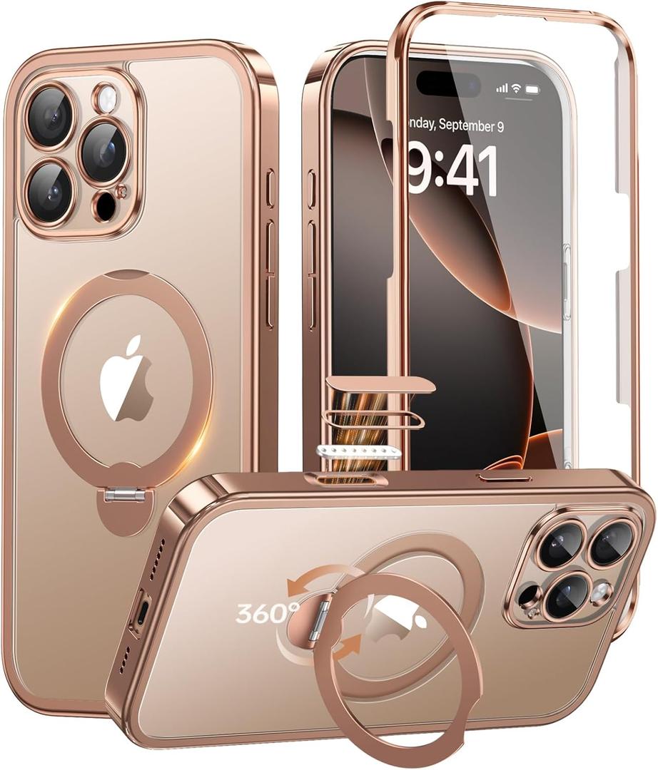 BERFY for iPhone 16 Pro Max Case with 360Spin Magnetic Stand, [Built in Glass Screen Protector & Stand Ring], Full-Body Plating Shockproof Case for 16 ProMax 6.9", Rose Gold