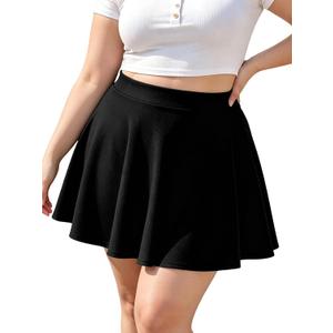 Moon Wood Women's Plus Size Skater Skirt High Waisted Stretchy Flowy Flared Summer Casual Basic Mini Skirts for Daily (Black)