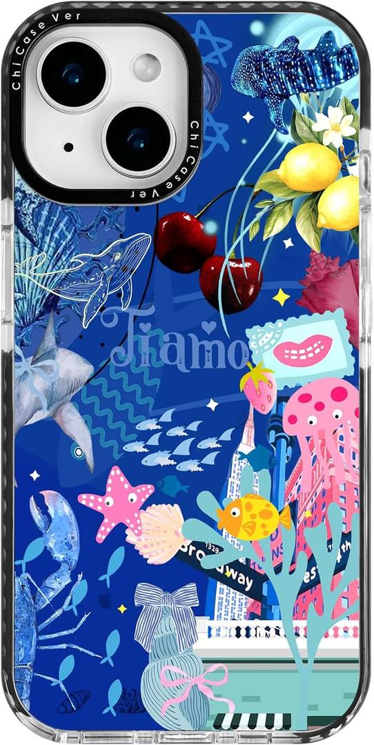 Voyage iPhone 15 Case Pink Ocean Adventure Collage Pattern Military Grade Drop Protection Slim TPU with Camera Protection, Aesthetic Summer Design for Women Girls (BlueOctopus)