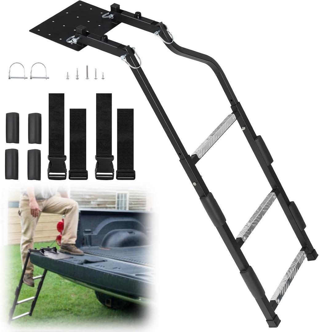Tailgate Ladder for Pickup Trucks- Heavy Duty Foldable Rear Ladder Anti-Slip Steps, Adjustable Height Universal Fit Truck Accessories for Ram Ford Chevy GMC, Easy Installation with 4 Screw Options (Black)