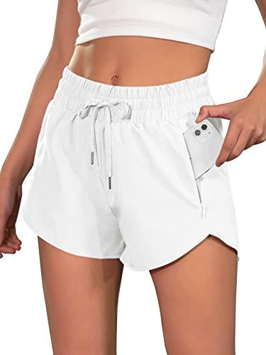 BMJL Women's Running Shorts 2.5" High Waisted Athletic Short Summer Gym Workout Short with Zipper Pockets(L,White)