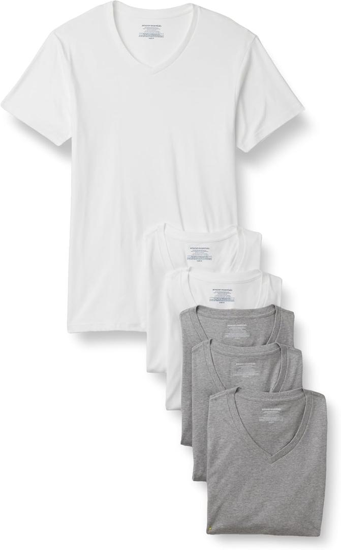 Amazon Essentials Men's V-Neck Undershirt, Breathable Cotton, Pack of 6, Medium Grey Heather/White, Large