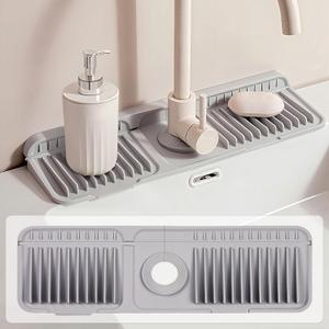 5 x 18 inch Silicone Faucet Mat for Kitchen Sink - 6 Slope & Fasten Button Design, Quick-Dry Splash Guard Water Catcher Behind Faucet, RV/Bathroom Safe (Gray) (17.7" x 5.5")