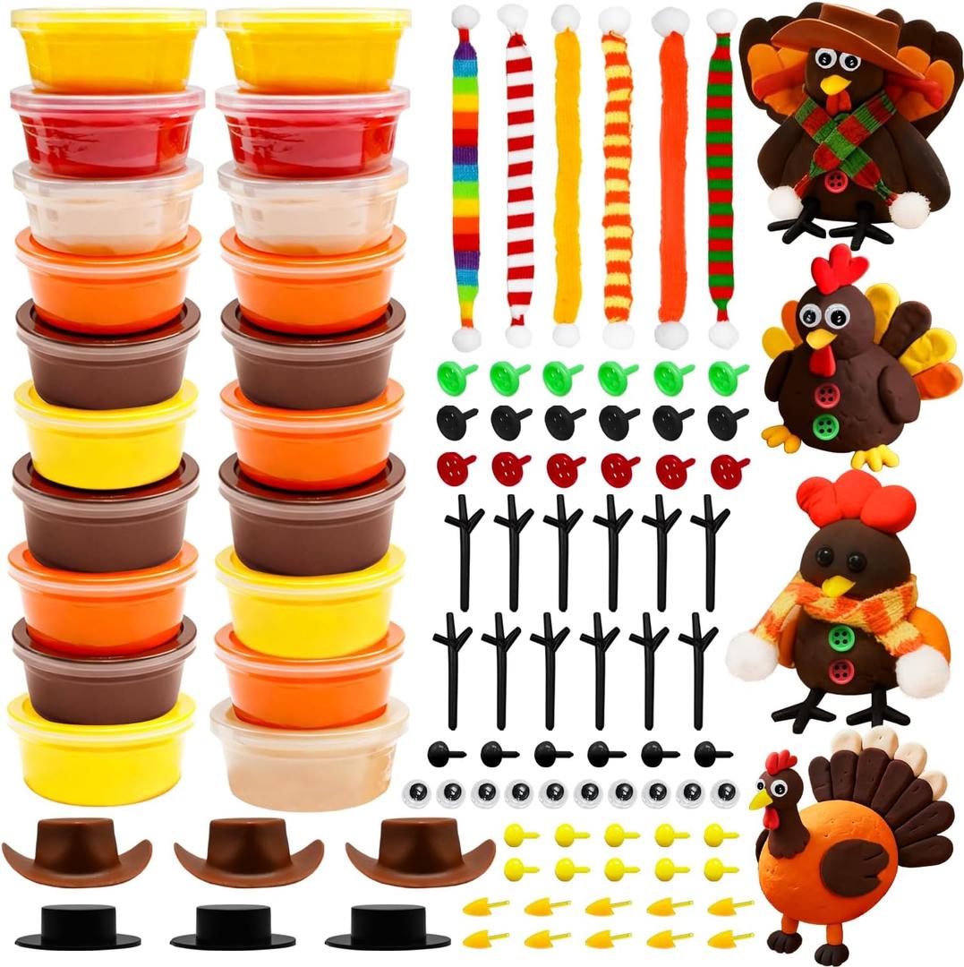 20 Pack Thanksgiving Air Dry Clay Kit for DIY Turkey Crafts - Non-Toxic Modeling Clay with Tools, Autumn & Fall Holiday Craft for Home Party Activities