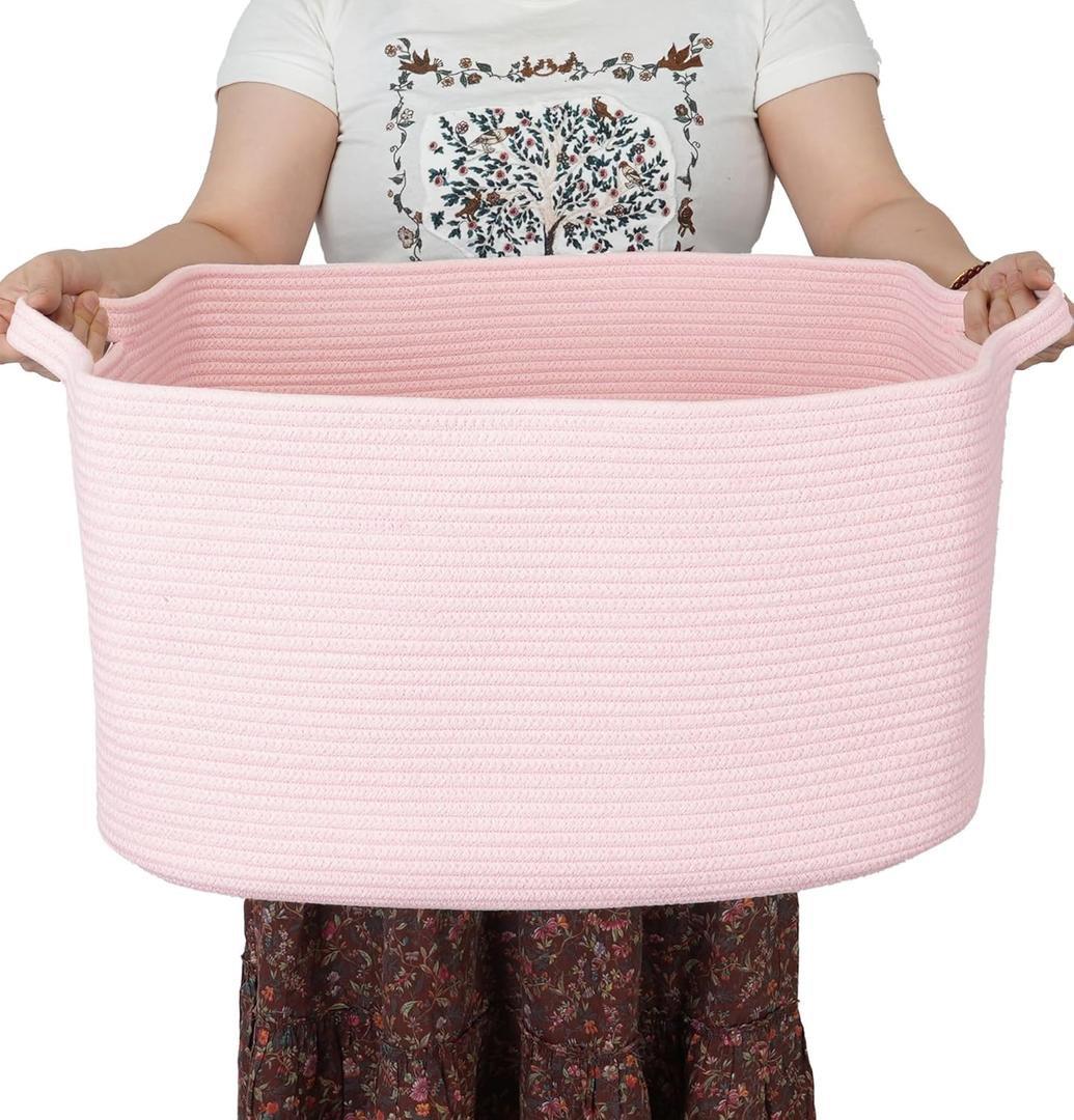 Large Rectangle Blankets Baskets 22"x17"x12" Toy Basket for Kids Woven Cotton Rope Storage Basket for Nursery - Wicker Laundry Baskets for Clothes Towels - Ideal for Living Room Storage pink