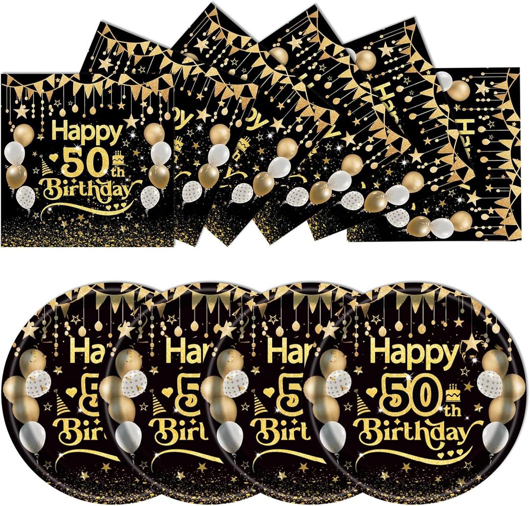 50Pcs 50th Birthday Paper Plates&Napkins,25X7in Disposable Plates 25X6.5in Cocktail Napkin 1976 Party Tableware for Men Woman Cheers to 50 Years Birthday Holiday Bridal Wedding Anniversary