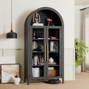 Arched Display Cabinet with Tempered Glass Doors Heavy Duty 5 Tier Curio Cabinet with Adjustable Shelves Modern Arched Bookshelf Free Standing Bookcase Pantry for Living Room Kitchen Black, 63"H