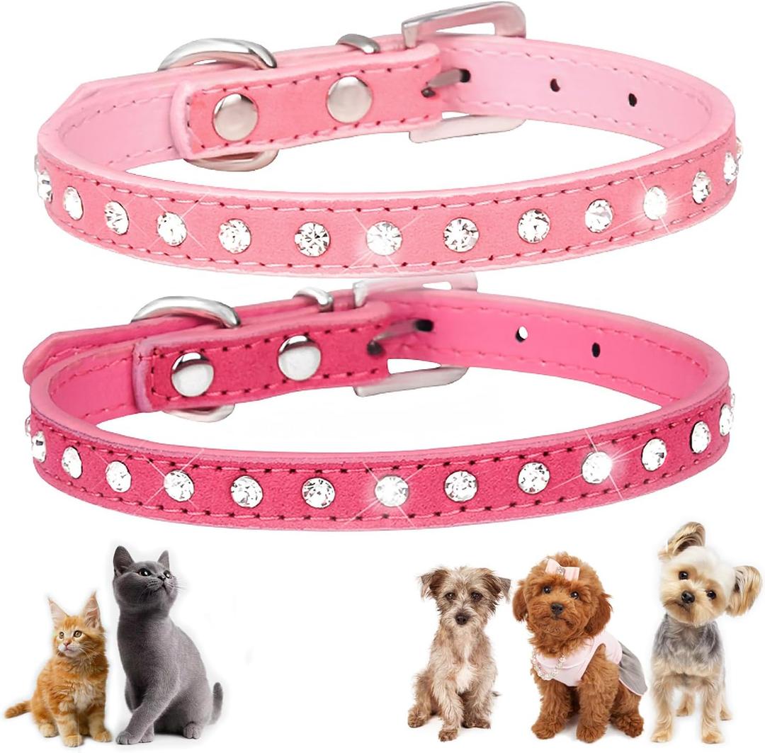 Small Dog Collar with Rhinestone, 2-Pack Bling Cat Collar Glitter Diamond Jewelry Crystal Girl Puppy Collar for XXS XS Small Medium Female Dogs & Kitten, Pink +Hot Pink XSmall 5/8 inch