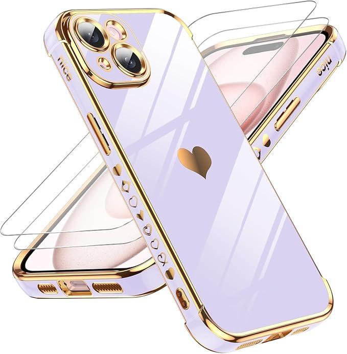 LeYi for iPhone 15 Case: with Tempered Glass Screen Protector [2 Pcs]+ Full Camera Lens Protection,Love Heart Plating Women Cute Luxury Soft TPU Shockproof Case for iPhone 15,White