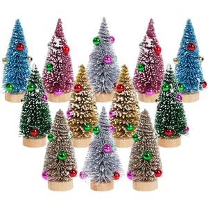 Yookat 12Pcs Mini Christmas Trees Small Sisal Trees Mini Pine Trees with Wood Base Mini Bottle Brush Trees Artificial Mini Christmas Trees Assorted Color for Christmas Winter Decoration (Multicolor) (Dark Gold, Gold, Pink, Blue, Green, Silver)