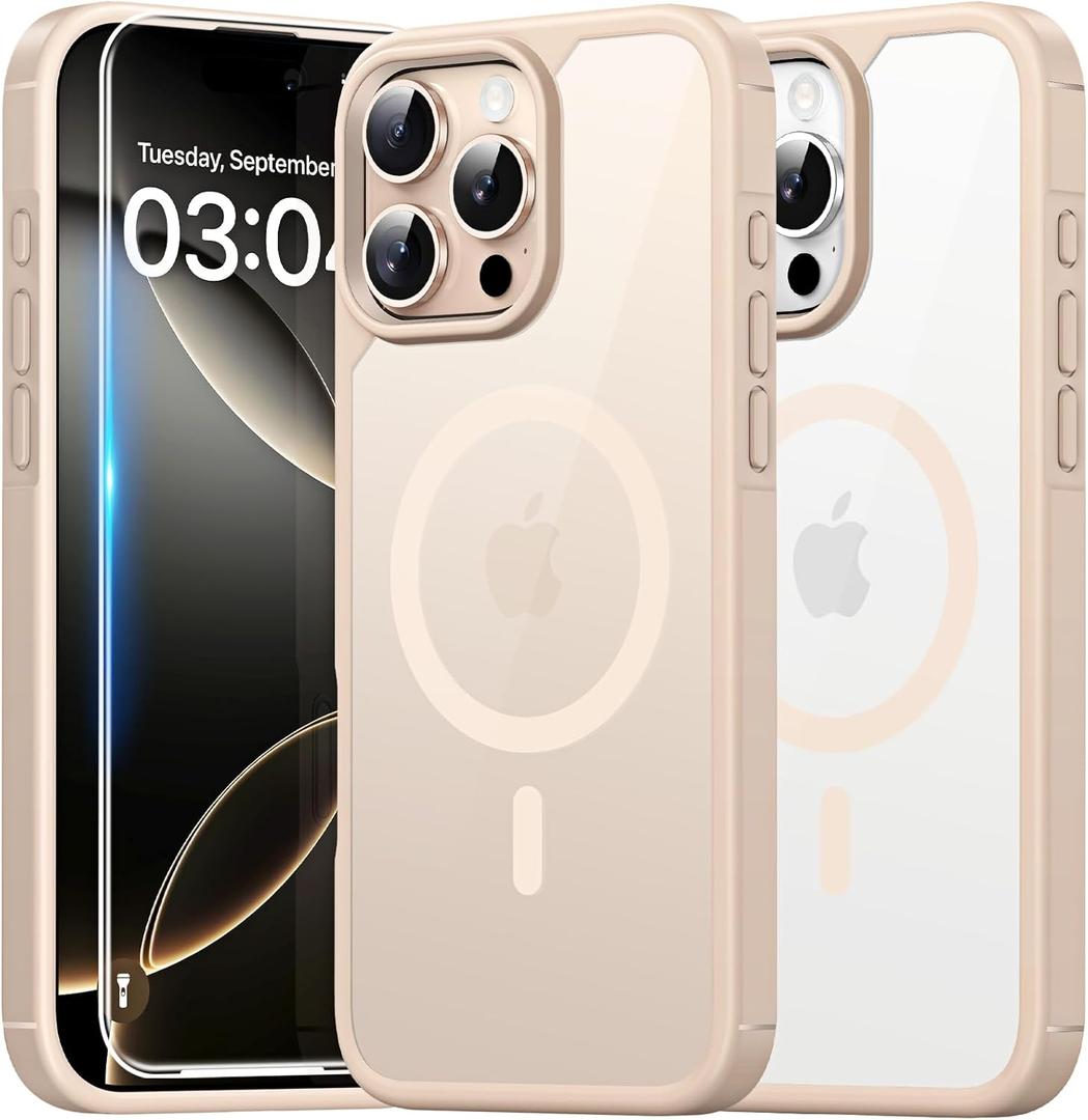 2 x TAURI for iPhone 16 Pro Case, Compatible with MagSafe [Not-Yellowing] with Screen Protectors, Military-Grade Protection, Slim Magnetic Case for 16 Pro 6.3", Desert