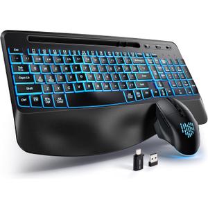 Hamile Wireless Keyboard and Mouse Combo : Ergonomic Wave Keys for Natural Typing, Full Size Keyboards with Wrist Rest, Quiet Backlit Mice, Phone Holder, 2.4G Set for Computer/Laptop/Mac/Windows, Black
