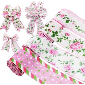 4 Rolls Pink Rose Floral Wired Edge Ribbon  2.5 Inch, 5 Yards Each, Summer Grosgrain Set for Wedding Decor, Gift Wrapping, DIY Crafts, Mother's Day Gift