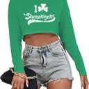 Women's St. Patrick's Day Crop Top St. Paddy's Day Shirt Irish Shirts Shamrock Graphic Long Sleeve Crop Tops for Teen Girls (X-Large, La-green-6)