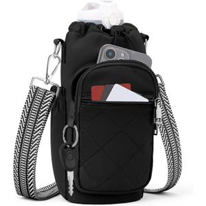 Water Bottle Carrier Bag with Strap, Water Bottle Purse with Phone Pocket 40oz for Walking Hiking (Black)