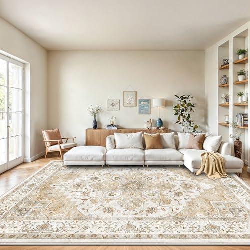AMADA HOMEFURNISHING 9x12 Area Rugs, Low-Profile Large Washable Area Rug with Non-Slip Backing & Durable Edge Binding, Vintage Rugs for Living Room, Bedroom & Dinning Room