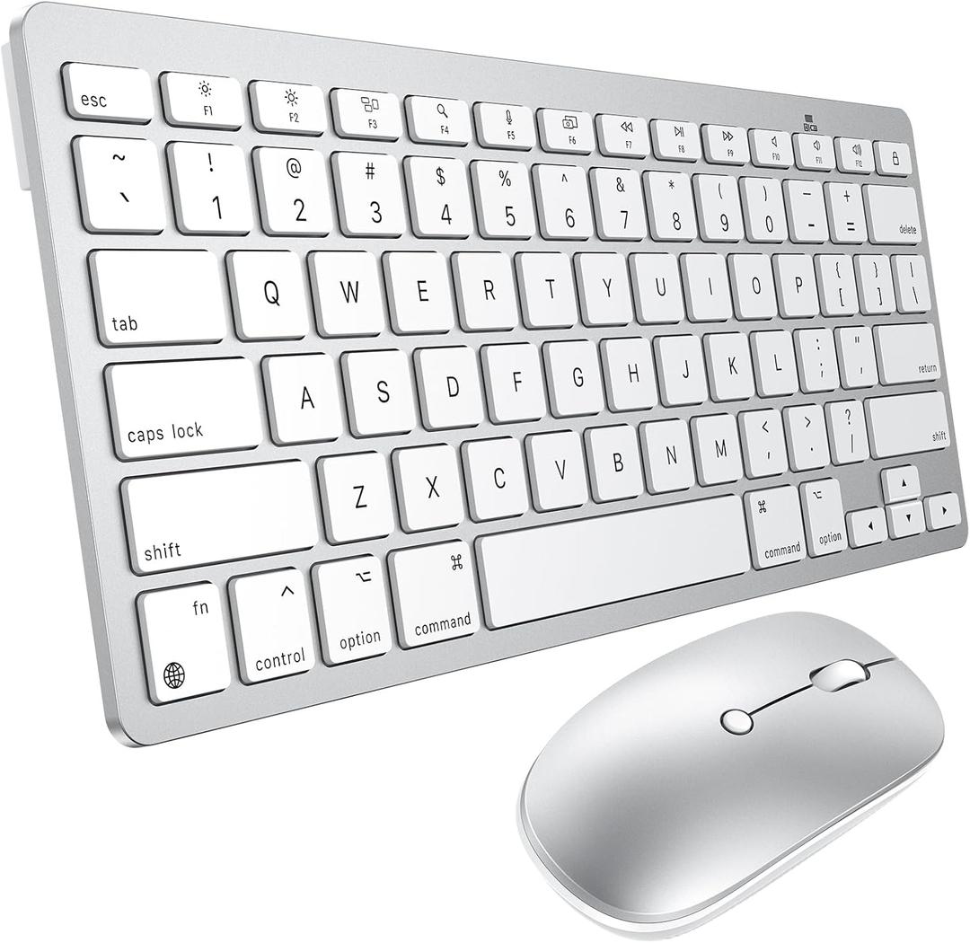 Wireless Keyboard and Mouse for Mac, 14 Media Shortcuts Keyboard with Adjustable DPI Mouse, Slim & Portable Design, Stable Bluetooth Connection, Silver-White,OMOTON