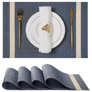 Leetaltree Sparkling Dark Blue Vinyl Woven Placemats Set of 6 - Washable Dining Table Place Mats Striped, Suitable for Wedding, Anniversary, Daily Use
