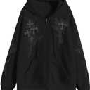 Zip Up Hoodies Y2k Jacket Graphic Gothic Jackets Grunge Cross Hoodie Baggy Streetwear Emo Sweater Aesthetic Clothes (Large, Black)