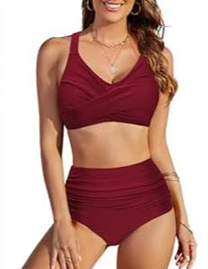 Uikue Womens High Waisted Bikini Sets Two Piece Swimsuit V Neck Twist Front Swimwear Tummy Control Full Coverage Bathing Suit( Red, XXL)