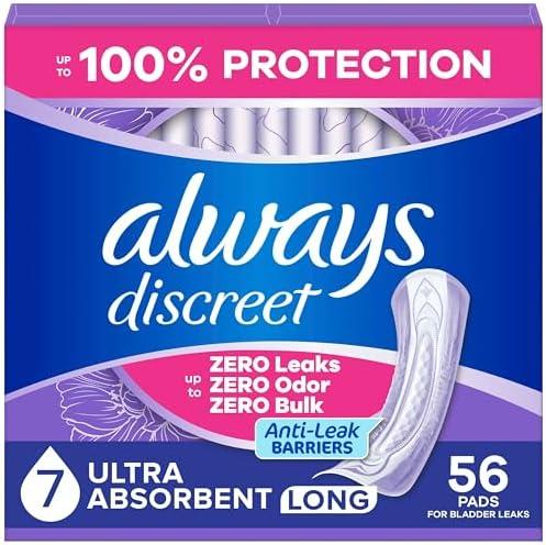 Always Discreet Adult Incontinence Pads for Women, Ultra Absorbency, Long Length, Postpartum Pads, Up to 100% Bladder Leak Protection, 56 Count