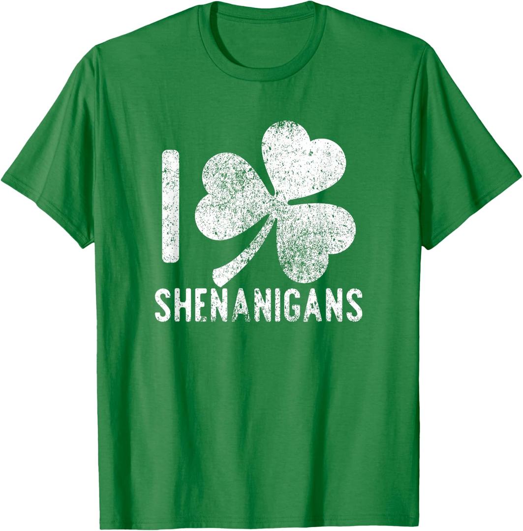 Funny I love Shenanigans Shirt Vintage Distressed Shamrock T-Shirt (Green, L)